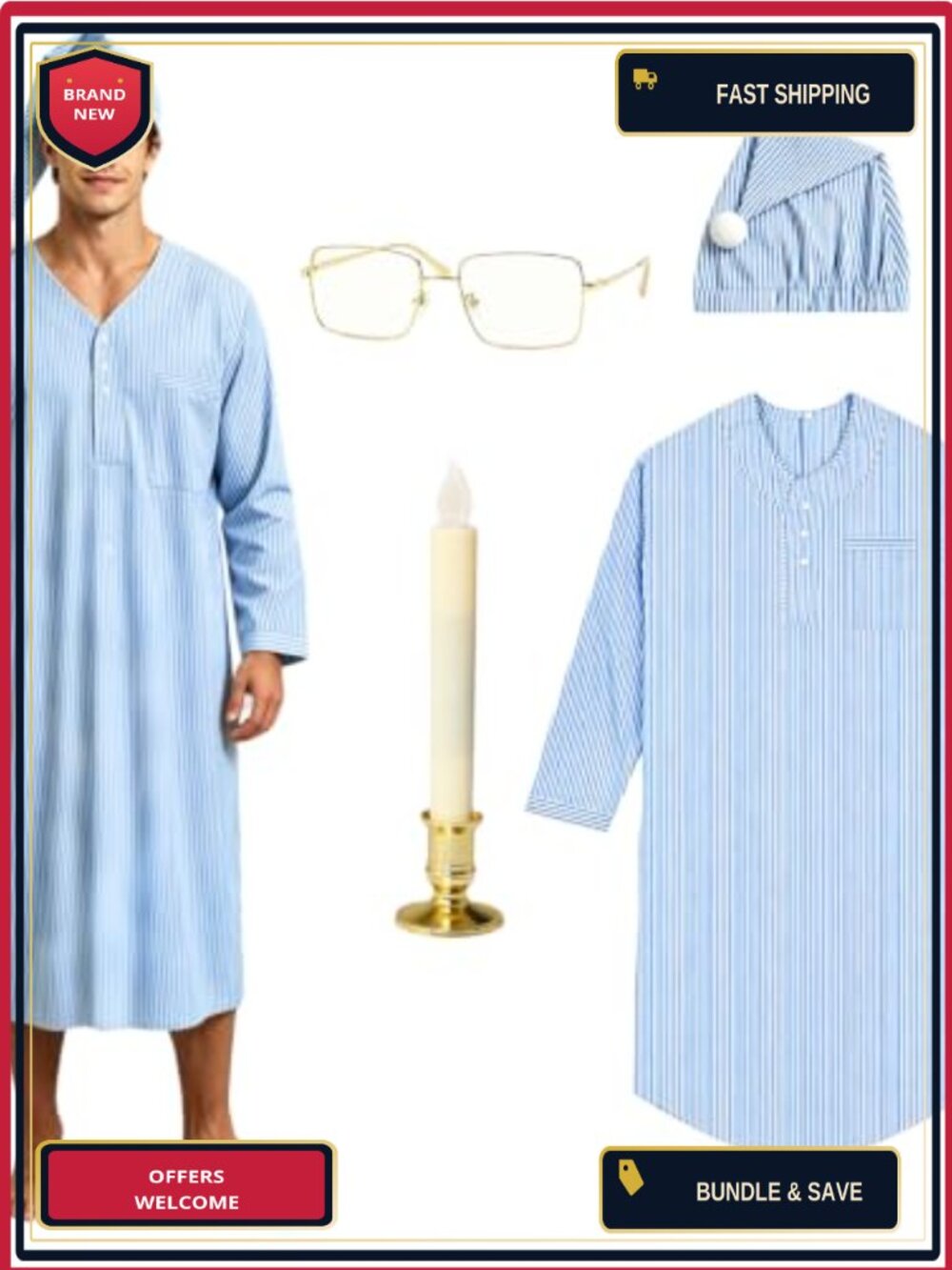 Men's 4-Piece Nightgown Costume Set Retro Pajamas Halloween Christmas